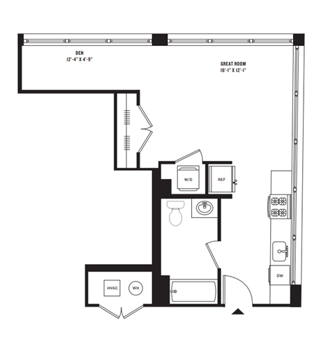 Floor plan for studio, 1 bath, 535 sqft